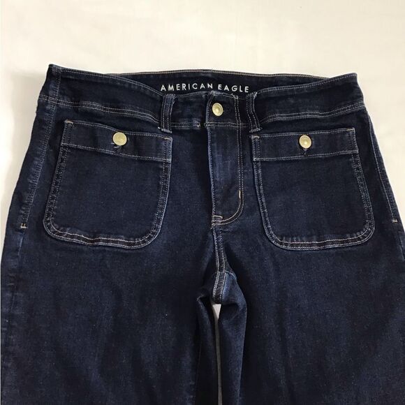 American Eagle Outfitters Dark Blue Flared Leg Jeans Patch Pocket Size 12 - Picture 5 of 12